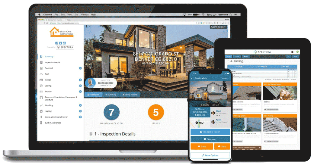Spectora Report shown on 3 devices modern inspection report